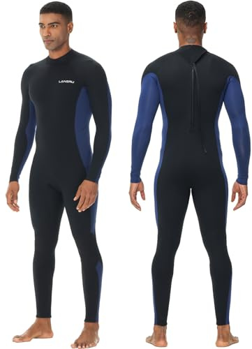 Lansru Men Wetsuit, 5/4mm Upgrade CR Neoprene Wetsuits for Men, Ideal Thermal Wet Suit in Cold Water, Back Zip for Surfing Snorkeling Diving Swimming