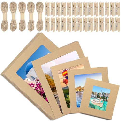 Swpeet Set di 105 cornici per foto in carta, da appendere, cornici in cartone, include cornici da 7,6 cm, 10 cm, 12,7 cm, 15 cm, 17,8 cm, ognuna per 10 pezzi, 50 clip, 5 corde