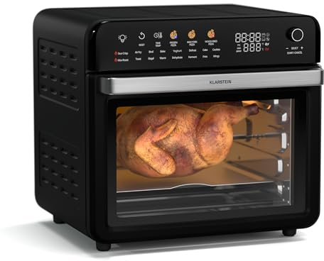 Klarstein AirGlaze Digital Air Fryer – 34L Large Air Fryer Oven, 2200W, 19 Programs, Rotisserie, 40-350°C, Touch Display, Double-Glazed Door, Pizza Stone & Grill Racks, Black