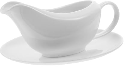 STOBAZA Ceramic Gravy Boat with Saucer 6Oz, White Porcelain Sauce Pot, Serving Jug for Gravies Sauces Dressings Cream Kitchen Restaurant Table Condiment Serving Dish, 6.68X5.89X2.67in