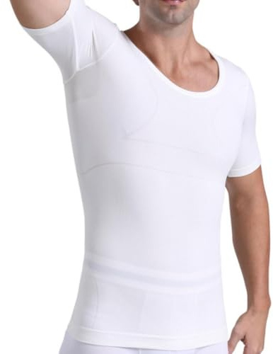PEONNYT Men's Slimming Compression Undershirt Bamboo Breathable & Stretchable Shapewear T-Shirt Slim Fit Body Shaper for Office Wedding Daily Wear W-L White