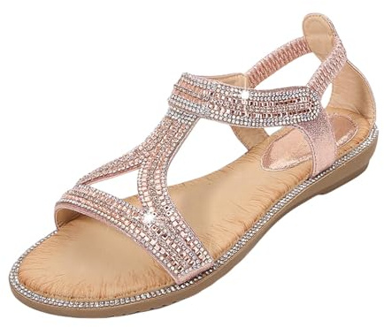 Generisk retro etnisk stil ljus strandsemester elastisk klack casual platta sandaler, damer sandaler sommar bekväm, T-rem kilklack platt, strandskor fritidsskor, Roséguld, 38 EU