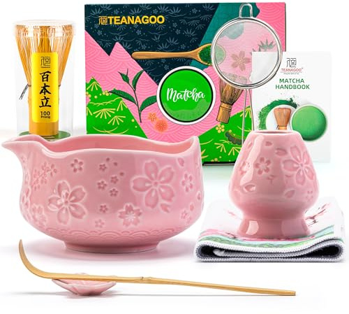 TEANAGOO Lot de 7 fouets à matcha roses avec motif fleurs de cerisier, kit complet de cérémonie, bol Chawan en céramique avec bec, fouet et accessoires, service à thé matcha traditionnel pour lattes