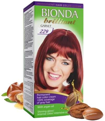 Bionda Brilliant Permanent Hair Colour & Colouration 229 Garnet 100 ml - 100% Grey Hair Coverage, with Argan Oil, Nourishing Oil Formula, Intense Colour Shine, Roots & Full Lengths