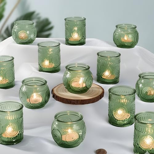 Ligtmor 12-pack genomskinliga värmeljuskoppar, prickade värmeljushållare av glas med präglat prickmönster romantiskt vintage ljusstake klart värmeljusglas (24, grön)