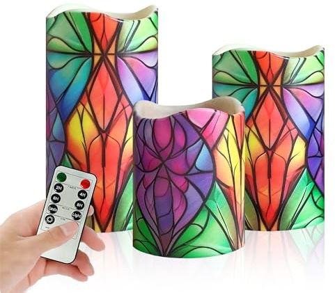 Gedengni Remote Flameless Candles-Set of 3 Stained Glass LED Pillar Candles Battery Operated Candle with Timer, 4 5 6 for Home Window Shelf Decor