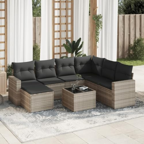 QJBSAVVA Ensemble de meubles de jardin 8 pièces en rotin synthétique gris clair 65,5 x 62 x 69 cm avec table en verre et coussins lavables, groupe de sièges d'extérieur modulaire pour jardin, terrasse