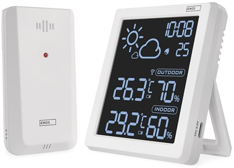 EMOS – Trådlös väderstation med VA-display och trådlös utomhussensor – termometer, hygrometer, väderprognos, klockvisning, väckarklocka – Comfort View display – 1,5 m USB-C kabel – vit