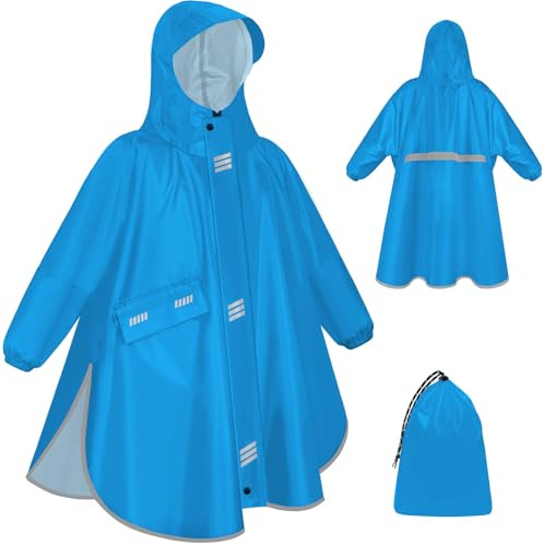 VOBUKE Poncho Pluie Enfant Poncho de Pluie Imperméable Garçons Filles Réutilisable Léger Cape De Pluie Capuchon Manches Réfléchissante Cape De Pluie Unisexe Pour Va à L'école Randonnée Voyage