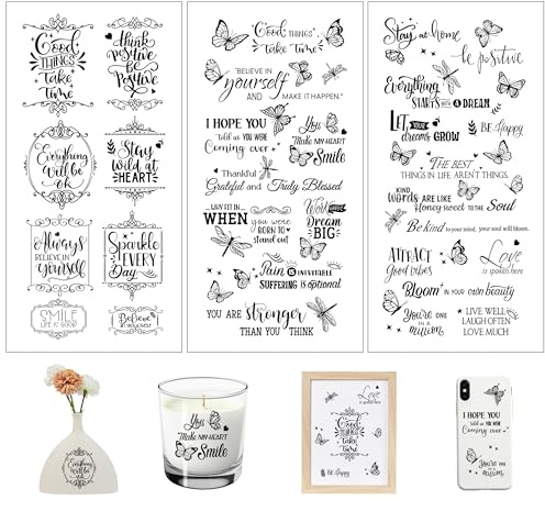 Joeyan Inspirational Word Rub on Transfers for Crafts and Furniture,Transfer Decals Stickers with Butterfly,3 Sheets DIY Craft for Fabric Wood Ceramic Glass,Warm Letters Furniture Decals for Home