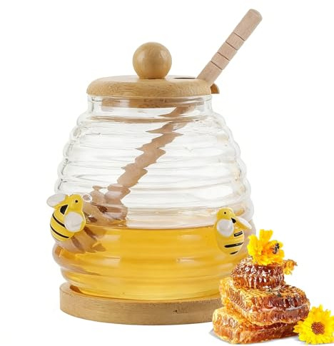CHUANFU 500 ml Tarro para Miel de Cristal con Cuchara, Dispensador de Miel
