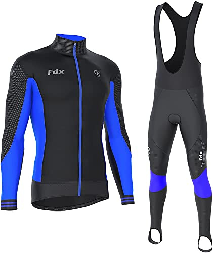 FDX Herren Thermodream Fahrradanzug mit Handschuhen,Socken,leicht,Thermisch,Winddicht,Super Roubaix Fahrradbekleidung Set Langarm Jersey 3D Gepolstert Bib Tight für Fahrradfahren(schwarz/Blau, XL)
