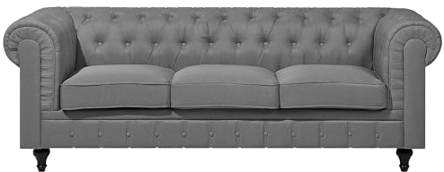 Beliani Sofá Chesterfield tapizado en Tela Gris Claro Patas de Madera Oscura 3 plazas Estilo clásico Chesterfield