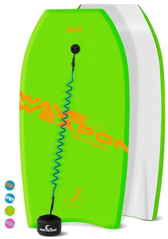 Own The Wave 37 Inch Body Board Pack with EPS Core and HDPE Slick Bottom - Lightweight and Buoyant Perfect for Surfing - Comes with Coiled Leash and Swim Flippers Savers (Green & Orange)