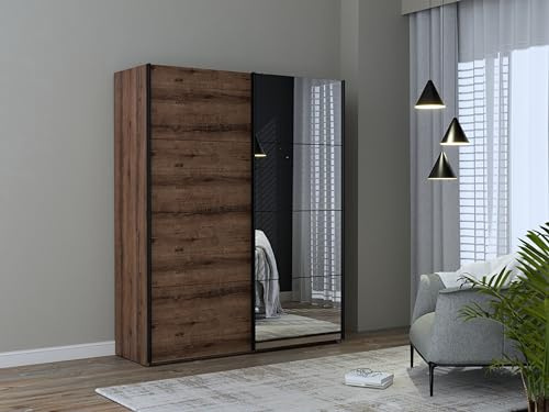 FORTE JACKY Schrank 170, Kleiderschrank mit Spiegel, Schwebetürenschrank Industrial Schlafzimmer, 2-türig, Dunkel Dekor: Script-Schlameiche, 170 cm breit x 210.5 cm hoch x 62.5 cm tief