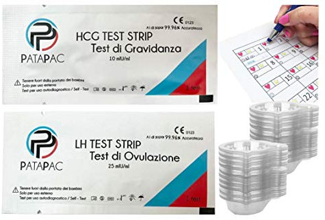PataPac - 50 Test di Ovulazione e 6 Test di Gravidanza canadesi - Test Lh Ultra Sensibili e bicchierini per urina Test precoce hcg 10 mIu/ml e Stick Fertilità