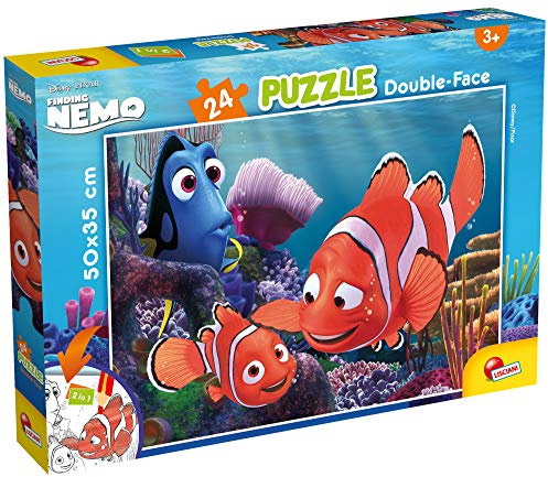 Lisciani - DISNEY PUZZLE - Nemo 24 Pièces - Pour Enfants dès 3 Ans - Puzzle Double Face - 50 x 35 cm - Verso A Colorier - 4 Feutres Inclus - Jeu Educatif Développe la Motricté Fine