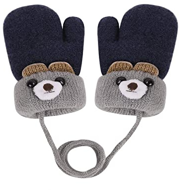 Moufles D'hiver pour Enfants 0 à 3 Ans Bébés Garçons Filles Polaire Gants Hiver Ours Mignon Tricotés Epais Chaud Mitaines avec corde pour Neige Ski Snowboard Cadeau de Noël