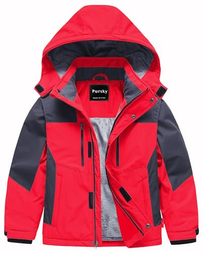 Pursky Kids Waterproof Ski Jacket Snow Boys Suits Windproof Winter Coats Red 10/12
