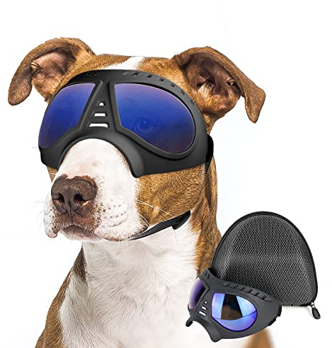 Enjoying Große Hundebrille, Anti-UV-Hundesonnenbrille, Weiche Haustier-Motorradbrille, Beschlagfrei, Winddicht, Bruchsicher, Hundebrille für Große bis Mittelgroße Hunde, Klares Blau