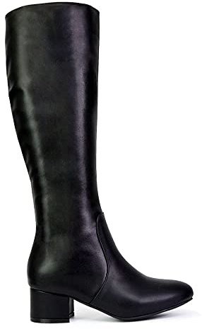 Womens Knee High Boots Ladies Low Heel Winter Casual Essential Biker Western Style Long Booties Black Synthetic Leather