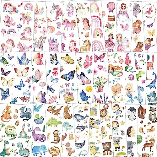Set di 300 tatuaggi con glitter per bambini, delicati sulla pelle, per ragazze e ragazzi, dinosauro, sirena, unicorno e molto altro ancora