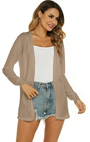 Ietaoo Gilet Long Femme Été Cardigan Veste Tricot Léger Manches Longues Gilet Elégant Ouverte Cardigan