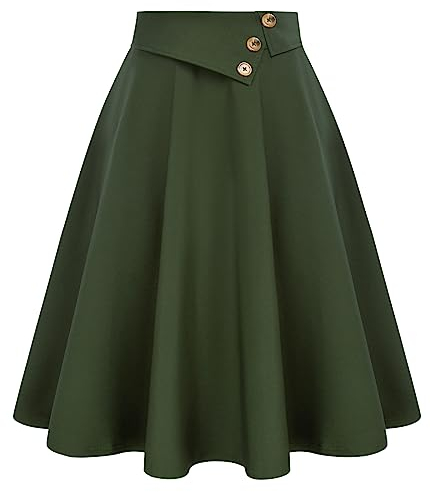 Belle Poque Faltenrock für Frauen Hohe Taille A-Linie Midi-Rock mit Taschen für ausgehende Armeegrün BP0758-02 XL