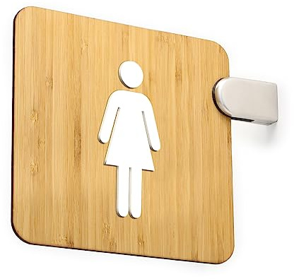 SIGNS - Segnale bifacciale a bandiera, a rilievo bagno donna, restroom, toilette, WC. Cartello sporgente per corridoio e ambienti. (Classic Bamboo - Donna)