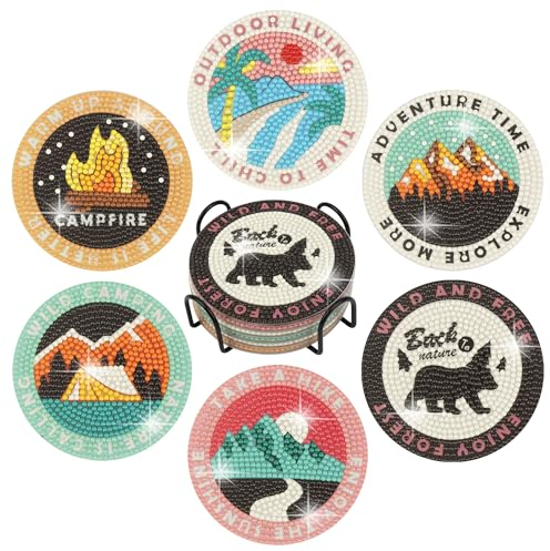 Temlum Diamond Painting Untersetzer mit Halter, 6er Set Diamond Painting für Erwachsene und Anfänger DIY Untersetzer Diamant Painting Set Basteln Erwachsene(Outdoor)