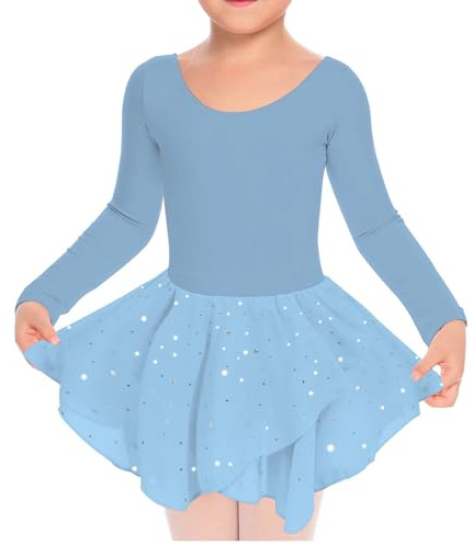 TUONROAD Ballet Dress for Girls Blue Ballet Outfit Gymnastics Leotard Kids Long Sleeve Crew Neck Leotard Dancewear Fancy Tutu Dress 8-9 Years