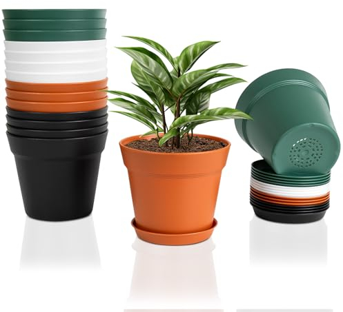 FORAGIFT 15cm Plant Pots, 16 Pack Plastic Herb Pot with Drainage Hole and Tray, Seed Seedling Pots Flower Nursery Pots for Vegetables, Flowers, Cactus, Cuttings, Succulent, Colourful