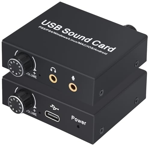 External USB Sound Card, Tendak Stereo Sound Card USB Audio Adapter with 3.5mm Headphone and Microphone Port, Volume Control, Bass Adjustment for PS5, Laptops, Desktops, Windows, Mac, Linux, PC