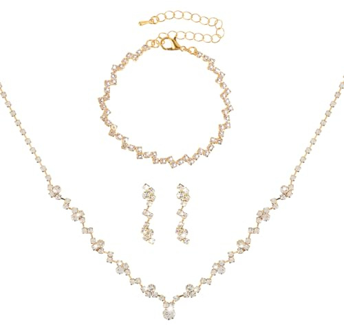Bridal Jewelry Set Rhinestone Wedding Jewelry Set Include Wome Necklace Bracelet Earrings Brides Bridesmaid Prom Costume Jewelry Set for Bridal Wedding Party (Gold)