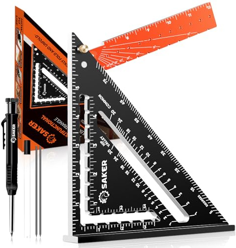 Saker Carpenrer Square Tool 12 inch: T Square Triangle Ruler Measuring Layout Tool - Gift,Multi-Purpose Carpenter Square,Rafter (Black+Pencil)