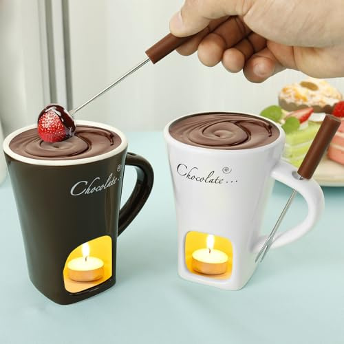 Lot de 2 tasses à fondue au chocolat, kit de tasse à fondue sucrée, tasse à fondue au chocolat, tasse à fondue au chocolat, pot à fondue en céramique avec fourchettes pour fromage, bonbons, cuisine