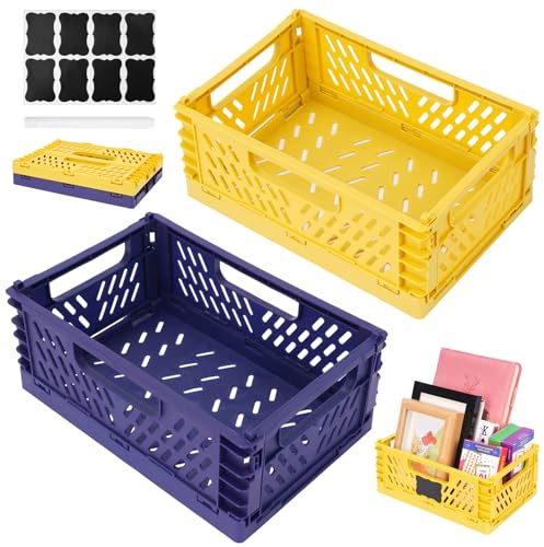 XIEJ 2 cajas plegables pequeñas, azul/amarillas, plegables, estables, portátiles de plástico con etiqueta, 22 x 15 x 8,7 cm, caja plegable pequeña para el hogar, aula, oficina