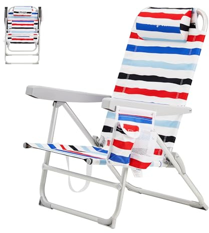SUNNYFEEL Portable Beach Chair, Folding Low Back Beach Chair, Lightweight Camp Chair with Reclining Position, Backpack Lounger for Beach, Camping, Lawn, Outdoor, Red Blue White Striped