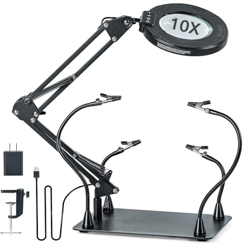 Helping Hands Soldering Station PCB Holder with Magnetic Arms,Circuit Board Holder 10X Magnifying Glass with Light Stand LED Lamp with Clamp, 5 Colors 10 Lights for Electronics, Crafts, Repairs