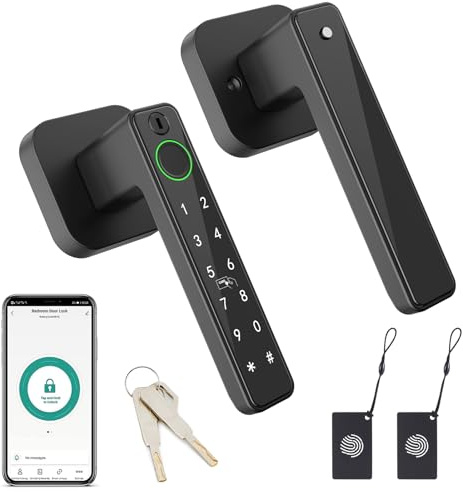 FITNATE Fingerabdruck Smart Türschloss für Zuhause, Schlüsselloser Einstieg mit Hebel, APP, IC-Karte, Code, Schlüssel & biometrischer Entsperrung für Schlafzimmer, Zuhause, Hotel, Büro, Wohnung