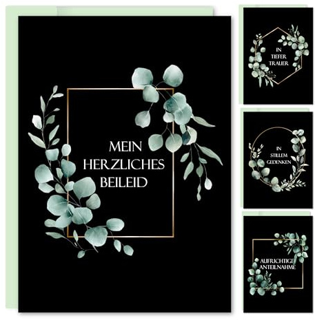 E & G klass konfirmationskort sorgskort set med kuvert A6 vikta kort i tyst deltagande avskedskort svart eukalyptus design sorg kort neutral snygg 8 stycken