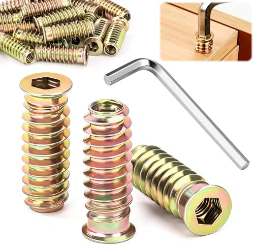 Boccole Filettate per Legno M8 20 Pezzi Inserti Filettati in Acciaio Zincato M8x25mm Rivetti Filettati con Chiave Esagonale per Mobili in Legno