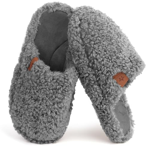 WYSFLY Fuzzy Slippers for Women Arch Support Memory Foam Slipper Cozy Soft Plush Warm Indoor House Shoes Grey