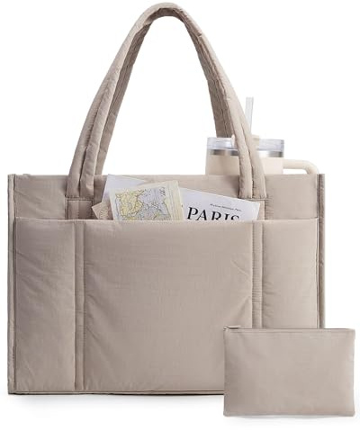 bagsmart Tote Bags for Women, Lightweight Puffer Shoulder Handbag with Zipper, 15.6 Inch Quilted Large Work Teacher Bag for Travel School Beach