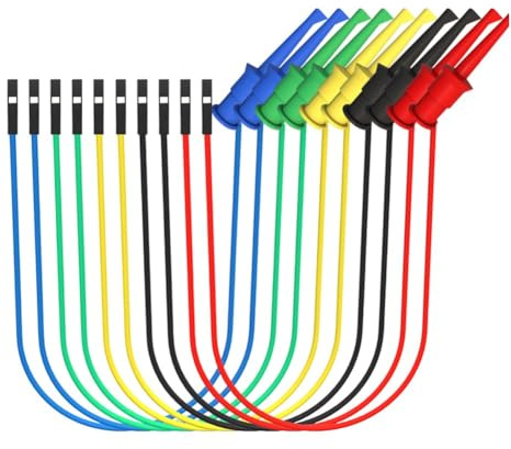 Ganci per test elettrici per breadboard, 37 cm, cavi di prova isolati in silicone con ganci in lega di rame ad alta conduttività e perni di collegamento maschio, set da 5 pezzi con codice colore