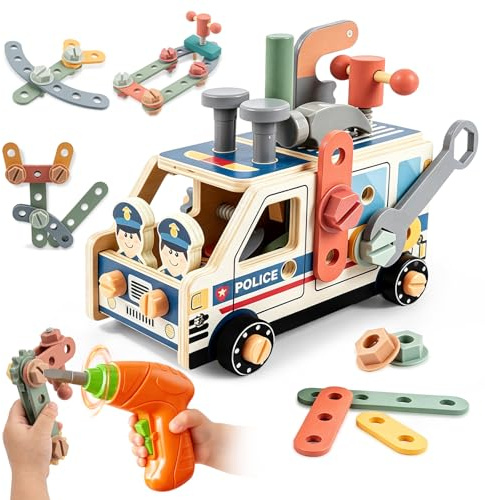 Flouricelline Werkzeugkoffer Kinder Werkbank, 2 in 1 Polizeifahrzeug aus Holz und Werkzeug, Montessori Spielzeug ab 2-5 Jahre, Kinderwerkzeug Werkzeugwagen, Kinder Geschenk Junge Mädchen 3 4 5 Jahre