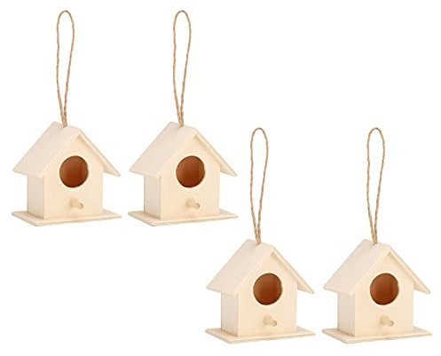 Alomejor Nidos de Pájaros Exquisitos de Madera de Pino, Juego de 4 Casas para Pájaros Colgantes para Decoración de Jardín, Refugio para Pequeños para Jardines Al Aire Libre, Interiores, Color Madera