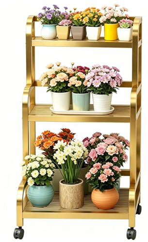 Guldsmide 3-vånings växtställ, 107 cm högt blomsterställ i stegestil med hjul, hållbar förvaringshylla för flera ändamål(100x40x107cm)