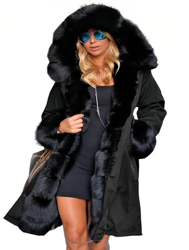 Aox Women Black Fur Winter Coat Outdoor Hooded Jackets for Women Ladies Warm Heated Parka Long Overcoat (8, Black Faux Fur)