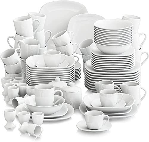 MALACASA 100-Piece Dinnerware Set Ivory White Porcelain Dinner Sets with 12 Piece Cups and Saucers/Mugs/Egg Cups/Cereal Bowls/Dinner Plates/Soup Plates/Flat Plates and 2 Sugar Pot/Milk Jug